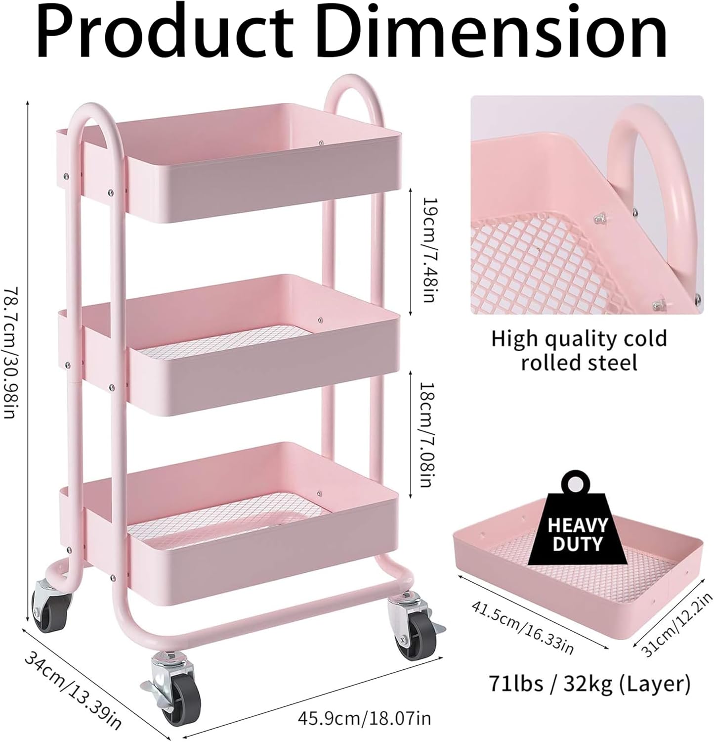 Metal Rolling Cart,3-Tier Pink Rolling Cart with Wheels,Metal Utility Cart with Wheels for Office,Home,Kitchen,Garden（13.4"x18.1"x31"） Pink