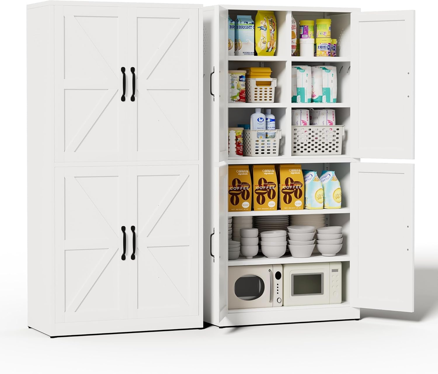 White Steel Kitchen Pantry Storage Cabinet with Barn Doors and Adjustable Shelves, Metal Farmhouse Cabinets for Living Room, Bathroom, Heavy Duty Rustic Pantry
