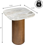JONATHAN Y Milos Natural White Marble Square Top End Table with Honey Wood Cylinder Pedestal Base, 18" Modern Side Table for Living Room, Bedroom, and Small Spaces END5004B