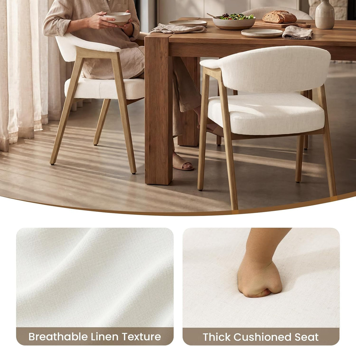 CIMOTA Upholstered Dining Chairs with Arms Set of 2, Mid Century Modern Kitchen & Dining Room Chairs, Comfortable Curved Backrest & Trapezoid Solid Wood Legs, Linen Beige