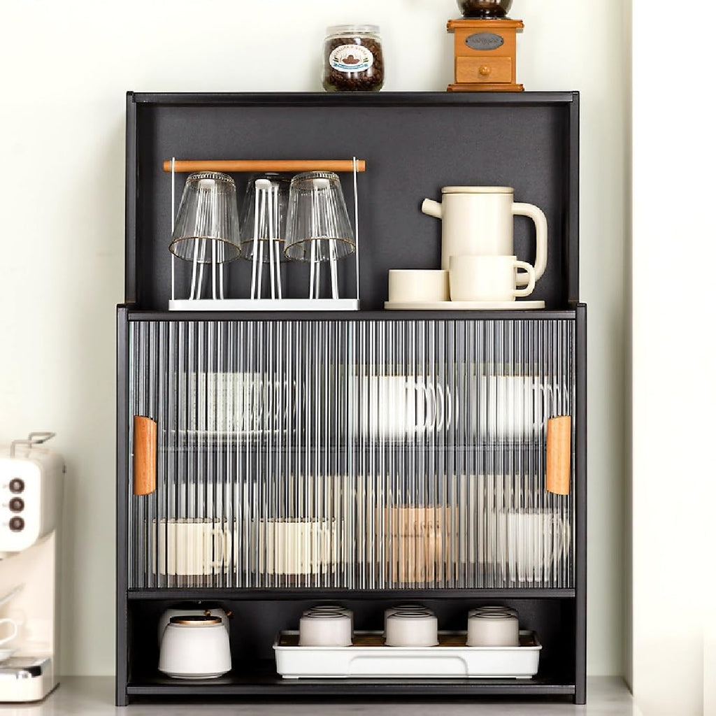 Countertop Kitchen Pantry - 3 Tier Bamboo Sideboard with Sliding Glass Doors, Dining Cupboard Storage Cabinet for Spices and Seasoning Bottles