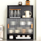 Countertop Kitchen Pantry - 3 Tier Bamboo Sideboard with Sliding Glass Doors, Dining Cupboard Storage Cabinet for Spices and Seasoning Bottles