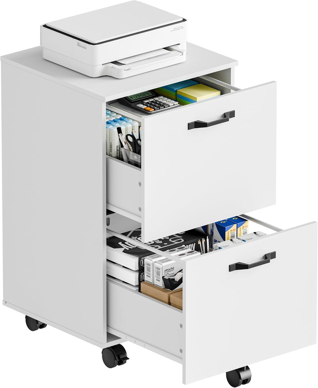 DUMOS 2 Drawer Storage Cabinet, Rolling Under Desk Storage, White | Not for Hanging Files, Printer Stand, Lockable Wheels, Mobile Wood Home Office Organizer