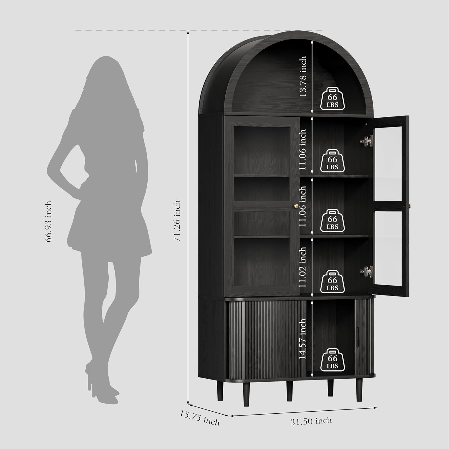 DHH 71" Tall Arched Kitchen Pantry, Modern Farmhouse Wood Kitchens Storage Cabinets with Sliding Doors＆ Adjustable Shelves, Versatile Cupboard for Kitchen, Living Dining Room, Bathroom (Black)