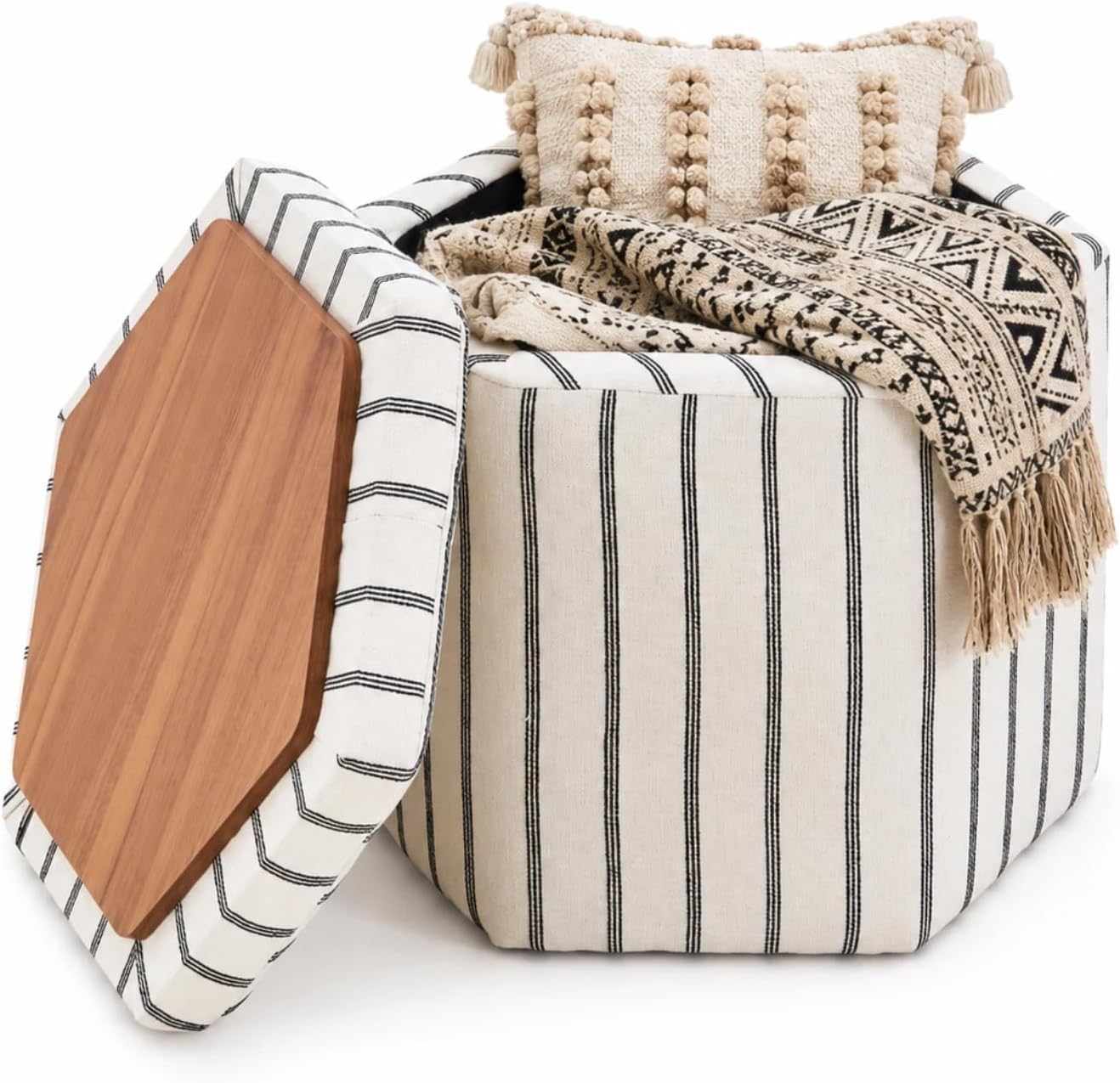 Wimarsbon 18inch Storage Ottoman with Detachable Tray, Multifunctional Mid Century Large Capacity Oversized Striped Boho Unique Linen Ottomans (Hexagon)