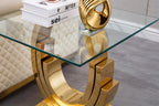 1 Piece Living Room End Table Luxury Glass Side Table, Elegant Gold End Table with Three Ring-Shape Stainless Steel Pedestal Base for Living Room Bedroom Office(1 End Table)