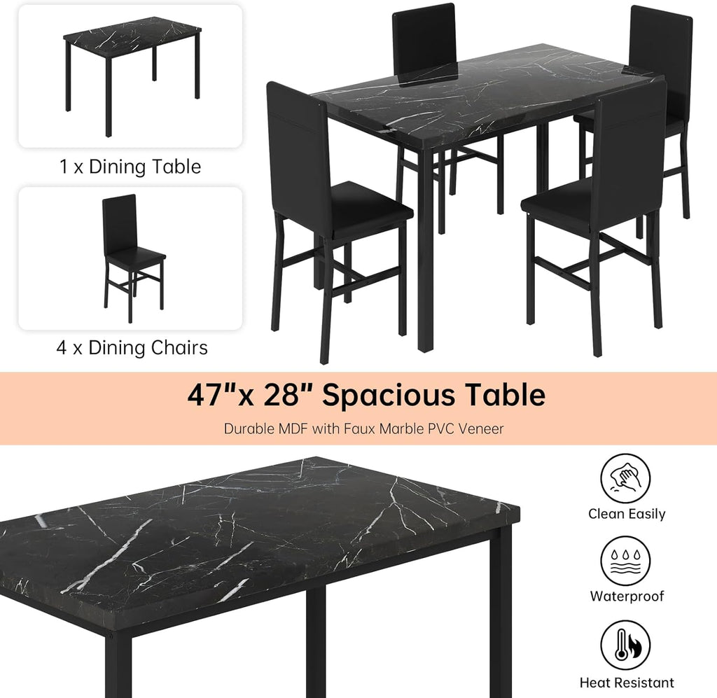 DKLGG 5-Piece Dining Table Set for 4, Faux Marble Kitchen Table Chairs Set of 4 with Upholstered Chairs, Modern Dining Room Table Set for Small Spaces (Black+Black)