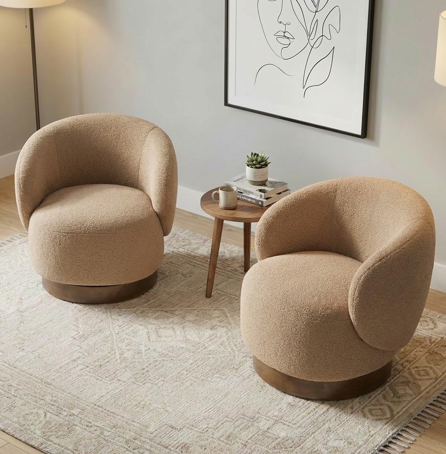 KISLOT Swivel Barrel Accent Chair, Boucle Fabric, Sand, 2-Pack | Modern Style, Upholstered, for Living Room/Bedroom/Waiting Room
