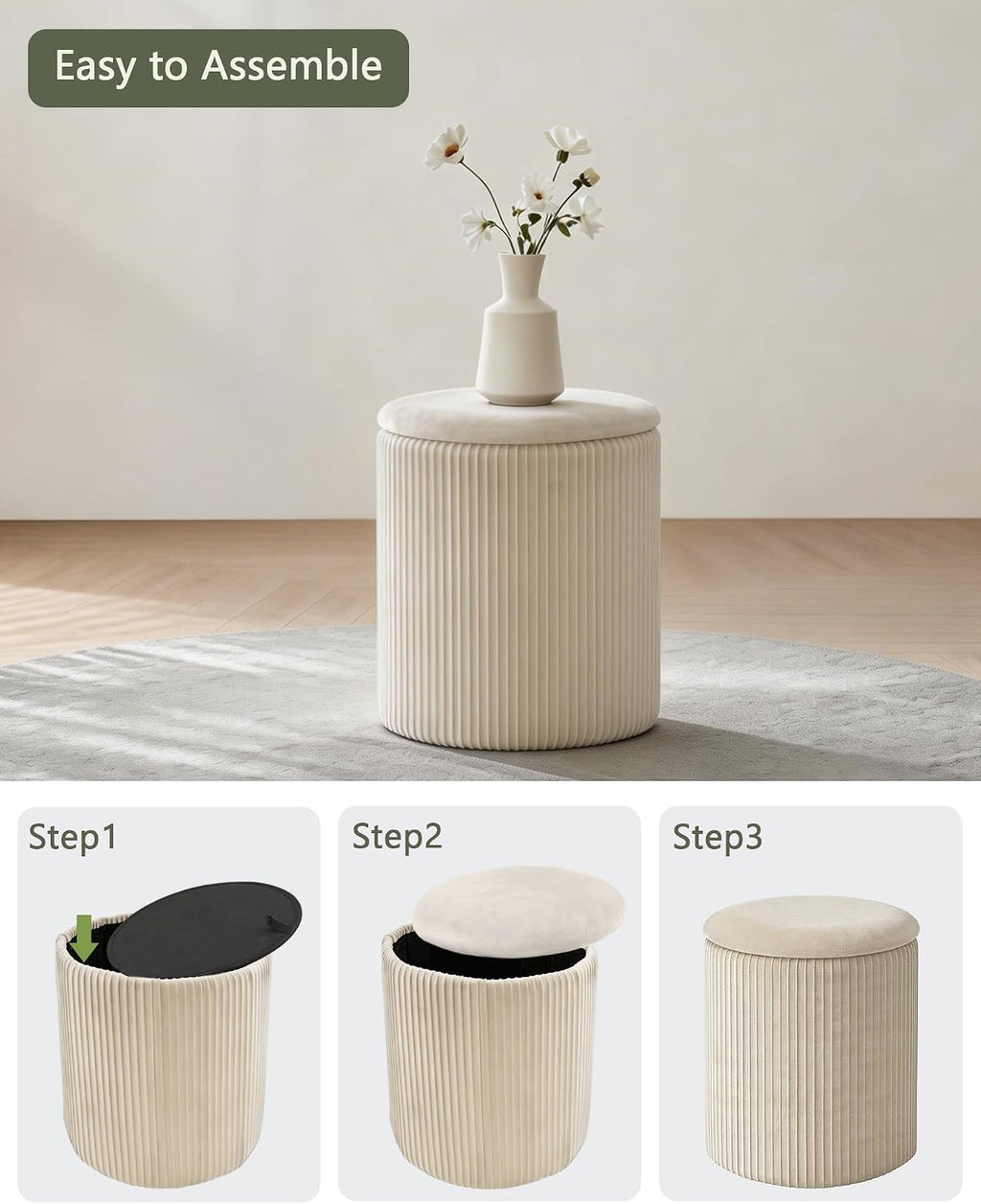 LITZFUR Round Ottoman with Storage, Velvet Foot Rest Stool, Beige | Versatile Upholstered Vanity Stool, Padded Folding Storage Ottoman for Living Room, Bedroom and Dorm