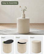 LITZFUR Round Ottoman with Storage, Velvet Foot Rest Stool, Beige | Versatile Upholstered Vanity Stool, Padded Folding Storage Ottoman for Living Room, Bedroom and Dorm