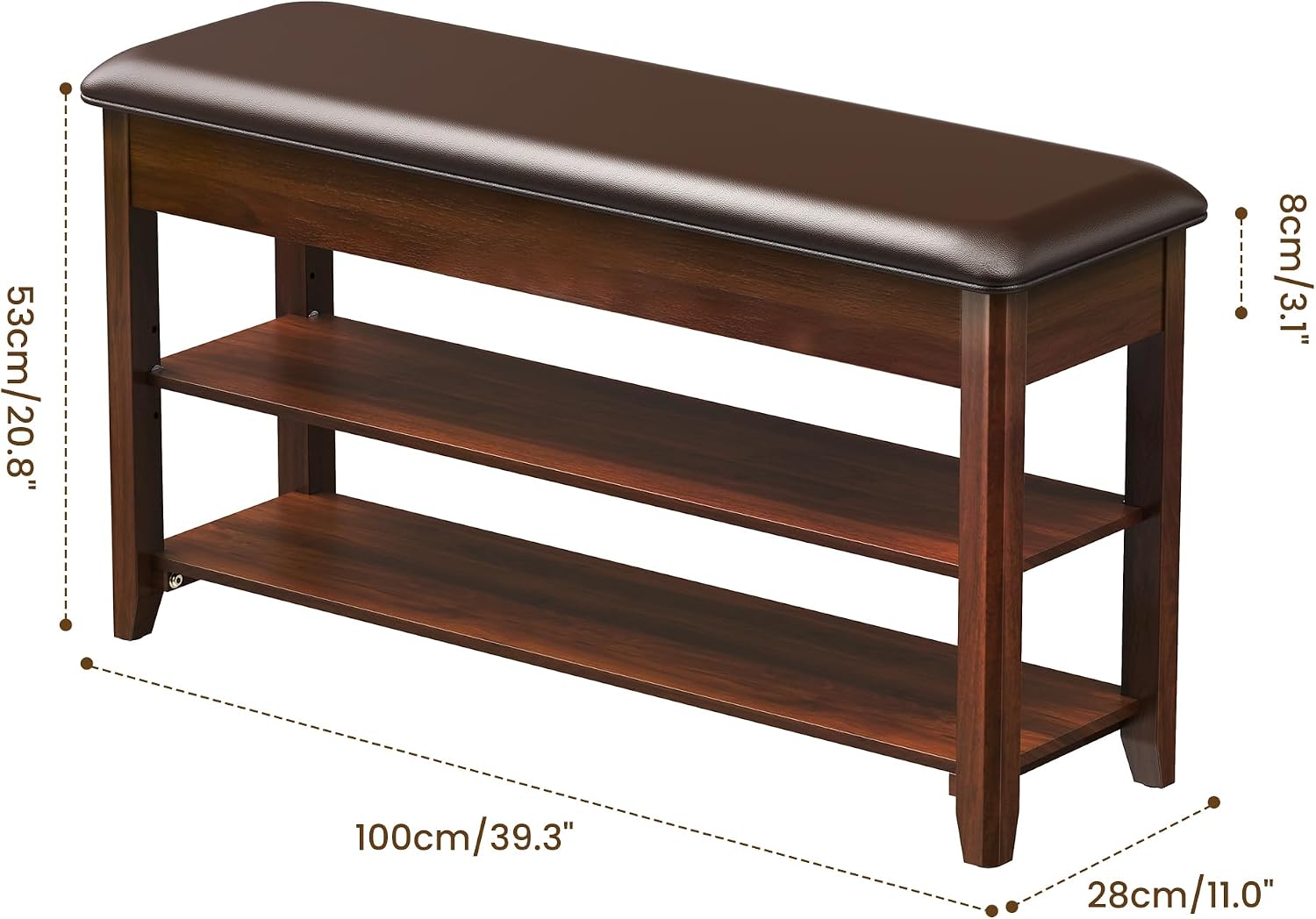 LBT Shoe Bench with Storage, Solid Rubberwood Shoe Rack Bench for Entryway | Adjustable 6.3" Shelf Fits High-Top Shoes & Boots, Hidden Storage Compartment, Cushion Seat, Stay-Open Hinge, Walnut