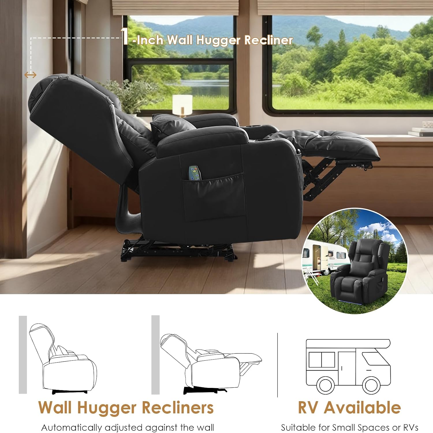 SAMERY Power Recliner Chair, Electric Wall Hugger Recliner Chair Reclining Sofa Home Theater Seating for Living Room with Massage & Heat, USB, LED Lights, Cup Holders, Side Pockets, Lumbar Pillow