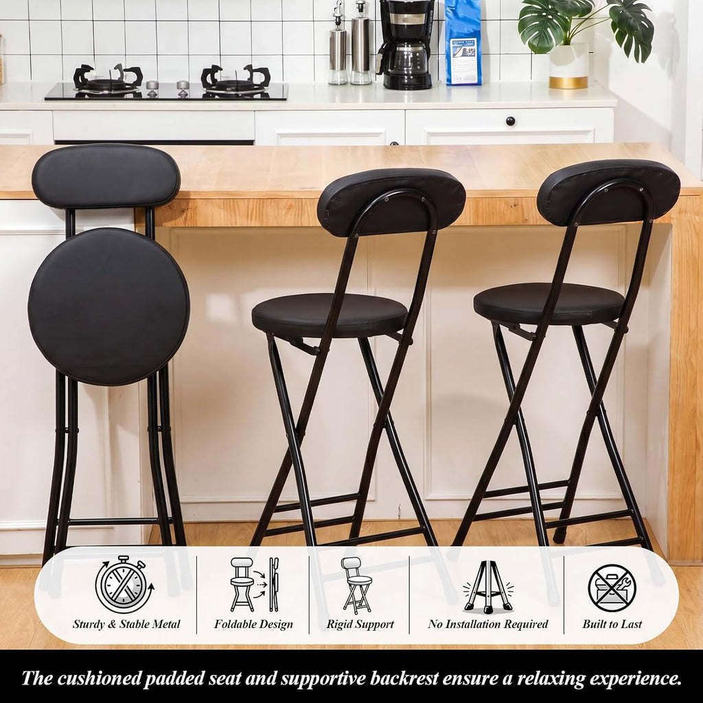 4 Pack Folding Bar Stool Cushioned Padded Folding Stool, 19 Inch Height Bar Stools with Backrest, Faux Leather Seat, Black Foldable Chair Support 220 LBS for Kitchen Room Hiking Camping Fish