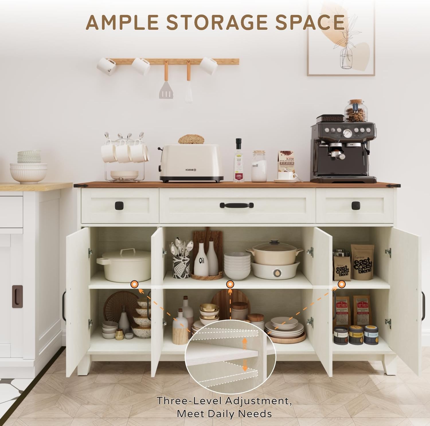 Farmhouse Buffet Cabinet with Drawers, 55" Large Sideboard Kitchen Buffet Storage Cabinet with 3 Adjustable Shelves and Doors Heightened Table Wood Coffee Bar for Kitchen Living Room, Off-White