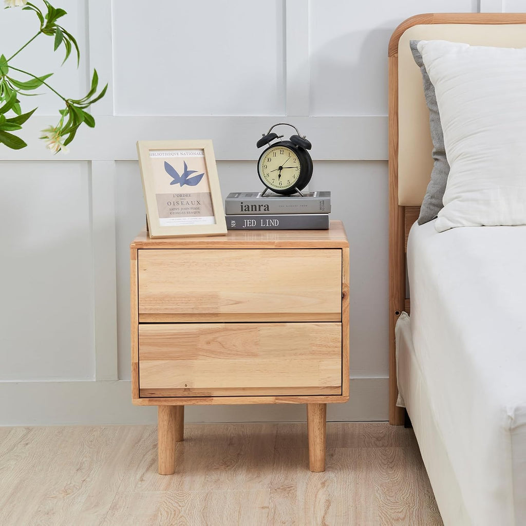 Modern Natural Wooden Nightstand with Drawers - Solid Wood Night Stand 2 Drawer Mid Century Small Narrow Bedside Side End Table with Storage for Living Room Bedroom, 15.7" D x 17.1" W x 19.6" H