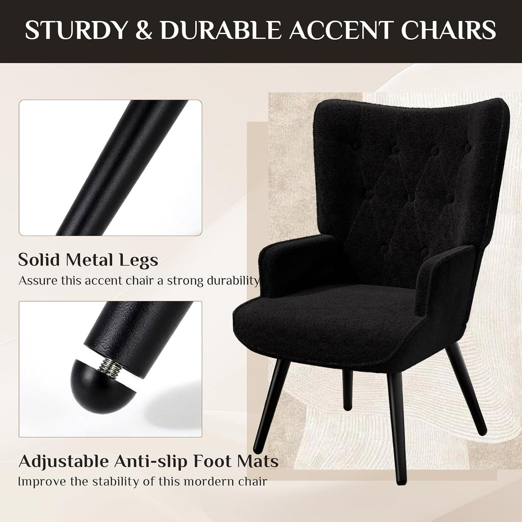TLSUNNY Accent Chair, Upholstered Teddy Fabric Living Room Chairs | High Back Mid Century Modern Accent Chair, Comfy Wingback Chair for Living Room, Bedroom