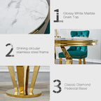 3-Piece Round Marble Dining Table Set for 4 with Velvet Chairs | Modern Faux Marble Kitchen Table with 4 Green Tufted Chairs,White Gold Dinner Tables Diamond Stainless Steel Pedestal Base