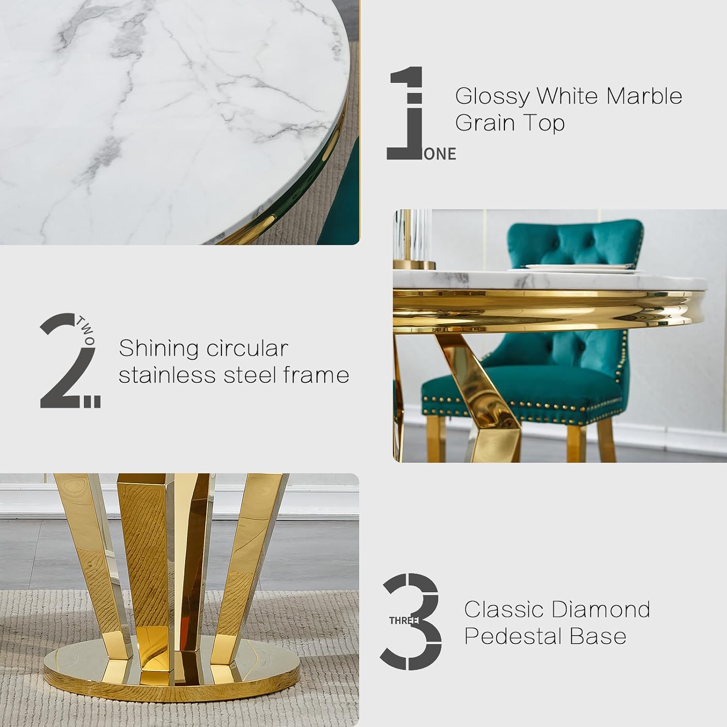 3-Piece Round Marble Dining Table Set for 4 with Velvet Chairs | Modern Faux Marble Kitchen Table with 4 Green Tufted Chairs,White Gold Dinner Tables Diamond Stainless Steel Pedestal Base