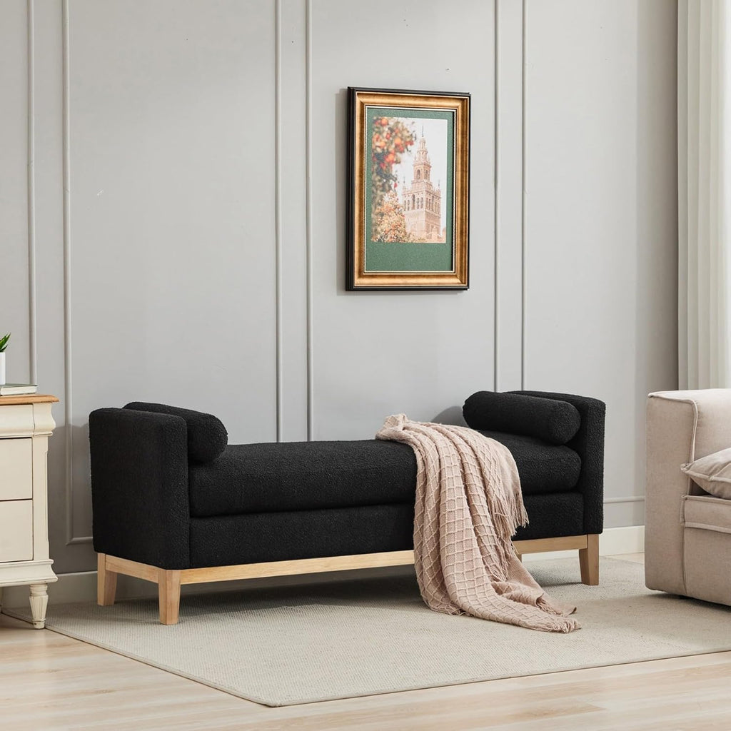 KEIKI Oversize Boucle Bench Ottoman with 2 Bolster Pillows & Wood Legs, Upholstered End of Bed Daybed Seating, Foot Rest Stool Furniture for Bedroom, Living Room, Entryway, Black Natural