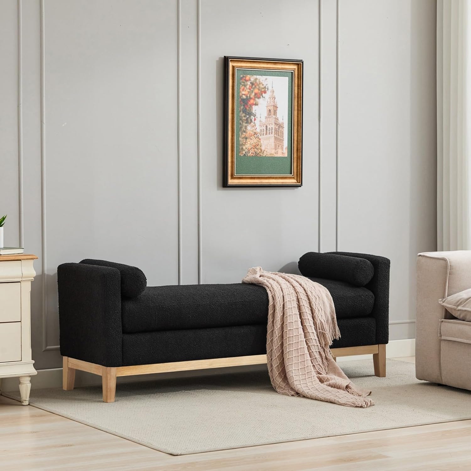 KEIKI Oversize Boucle Bench Ottoman with 2 Bolster Pillows & Wood Legs, Upholstered End of Bed Daybed Seating, Foot Rest Stool Furniture for Bedroom, Living Room, Entryway, Black Natural