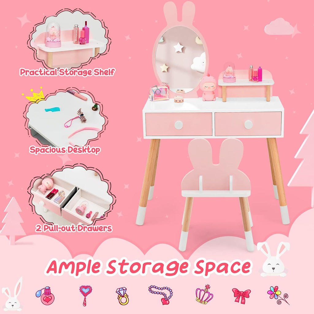 Costzon Kids Vanity, Girls Vanity Set with Mirror & Stool, 2 Large Drawers, Storage Shelf, Wooden Princess Makeup Dressing Table, Kids Vanity Table and Chair Set (Pink)