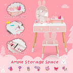 Costzon Kids Vanity, Girls Vanity Set with Mirror & Stool, 2 Large Drawers, Storage Shelf, Wooden Princess Makeup Dressing Table, Kids Vanity Table and Chair Set (Pink)
