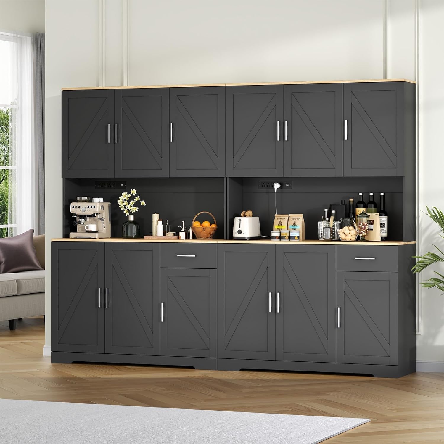 71" Pantry Cabinet,Kitchen Pantry Storage Cabine with Power Outlet,Farmhouse Kitchen Hutch Pantry Cabinet, Tall Hutch with Adjustable Shelf & Door,Food Pantry Storage for Dining Room,Kitchen (Black)