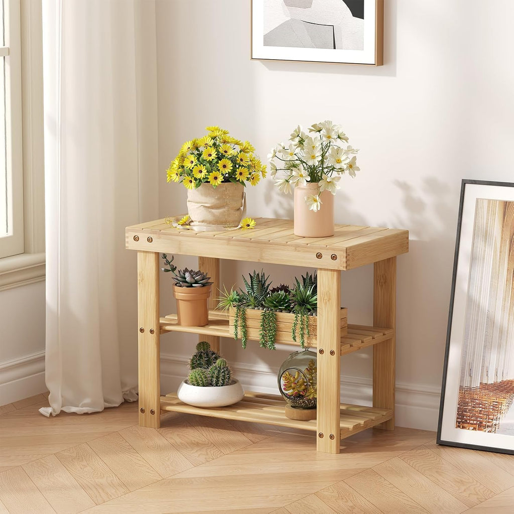 Simple Deluxe Shoe Rack Bench, 3-Tier Bamboo Storage Organizer, 286lb Capacity Entryway Bench for Front Door, Bedroom, Living Room, Bathroom, Balcony, Stylish Shoes Wood (11.3 x 19.7 x 17.8 Inches)