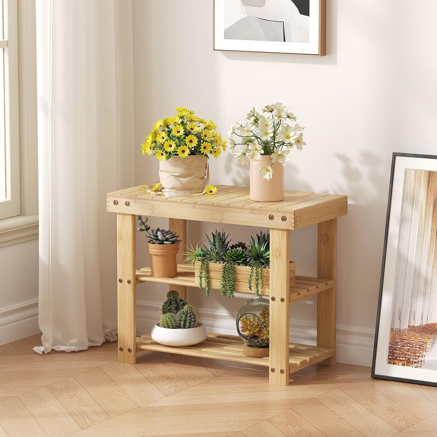 Simple Deluxe Shoe Rack Bench, 3-Tier Bamboo Storage Organizer, 286lb Capacity Entryway Bench for Front Door, Bedroom, Living Room, Bathroom, Balcony, Stylish Shoes Wood (11.3 x 19.7 x 17.8 Inches)