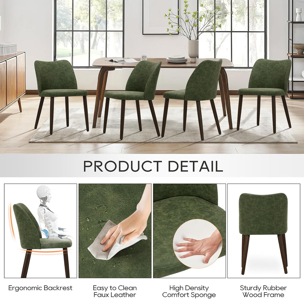 COLAMY Upholstered Dining Chairs Set of 6, Modern PU Leather Dining Room Kitchen Side Chair with Padded Seat and Wood Legs Restaurant/Cafe, Green