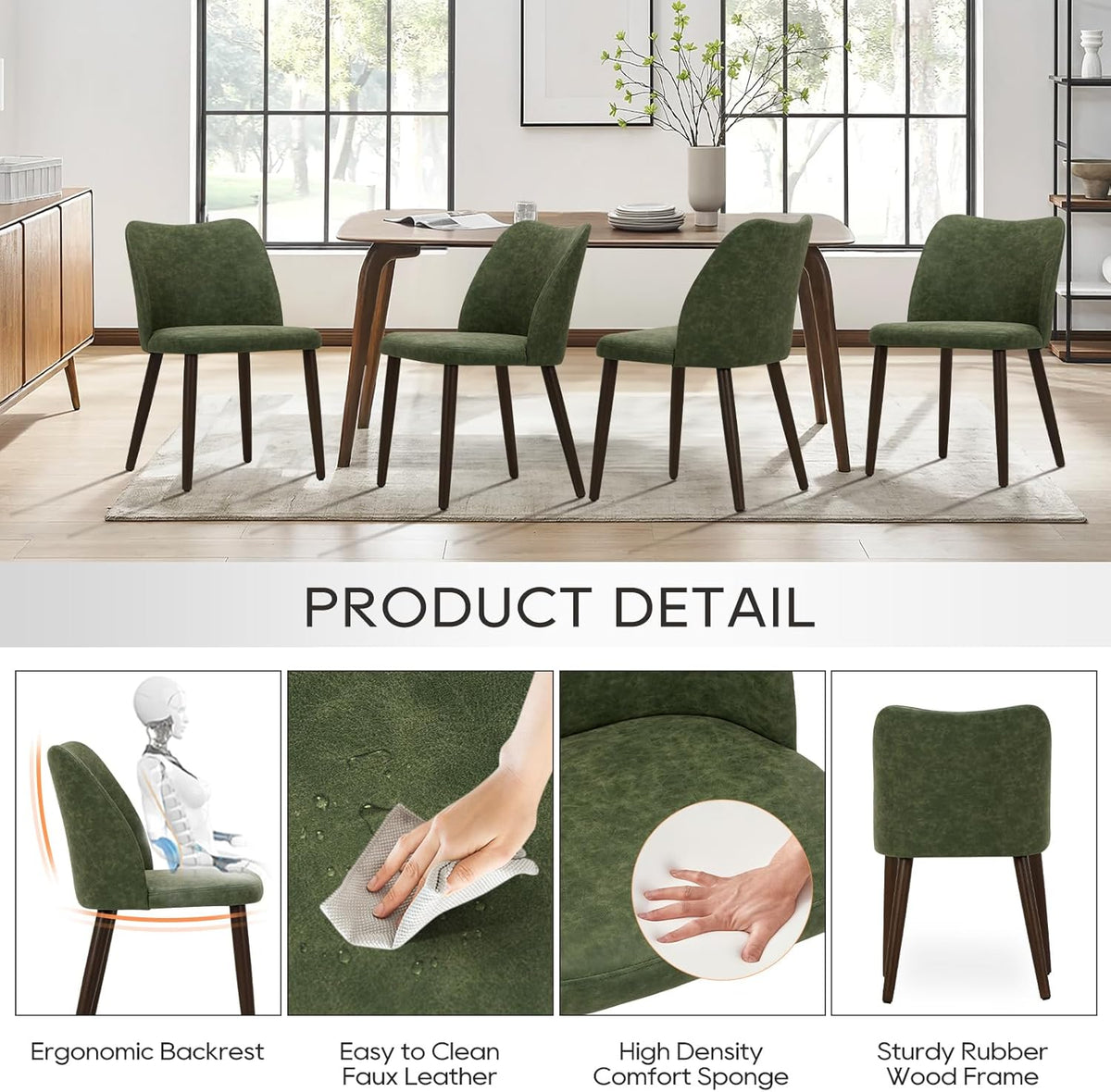 COLAMY Upholstered Dining Chairs Set of 6, Modern PU Leather Dining Room Kitchen Side Chair with Padded Seat and Wood Legs Restaurant/Cafe, Green