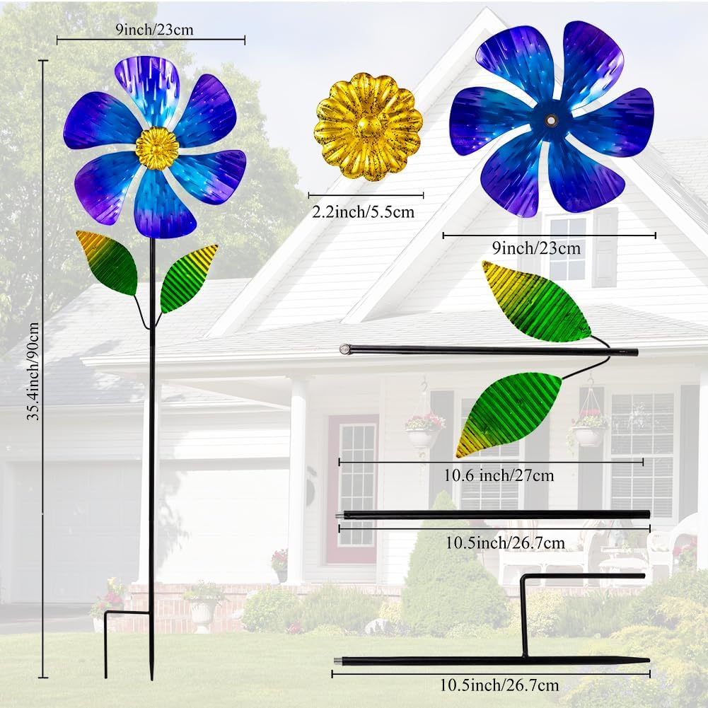 Viveta 2 Pack Garden Wind Spinners, 35.4 "Flower Metal Windmill,Pink and Blue Wind Sculpture,Pinwheels for Yard and Garden