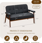 50”W Black Leather Small Office Couch, Loveseat Sofa with Wooden Arms
