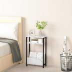 THUMEYE 7.1" Narrow Side Table for Small Spaces, 3 Tier Small End Table with Magazine Holder, Slim/Skinny Nightstand/Bedside Table for Living Room, Bedroom, 15.4" L x 24.2" H, Faux White Marble