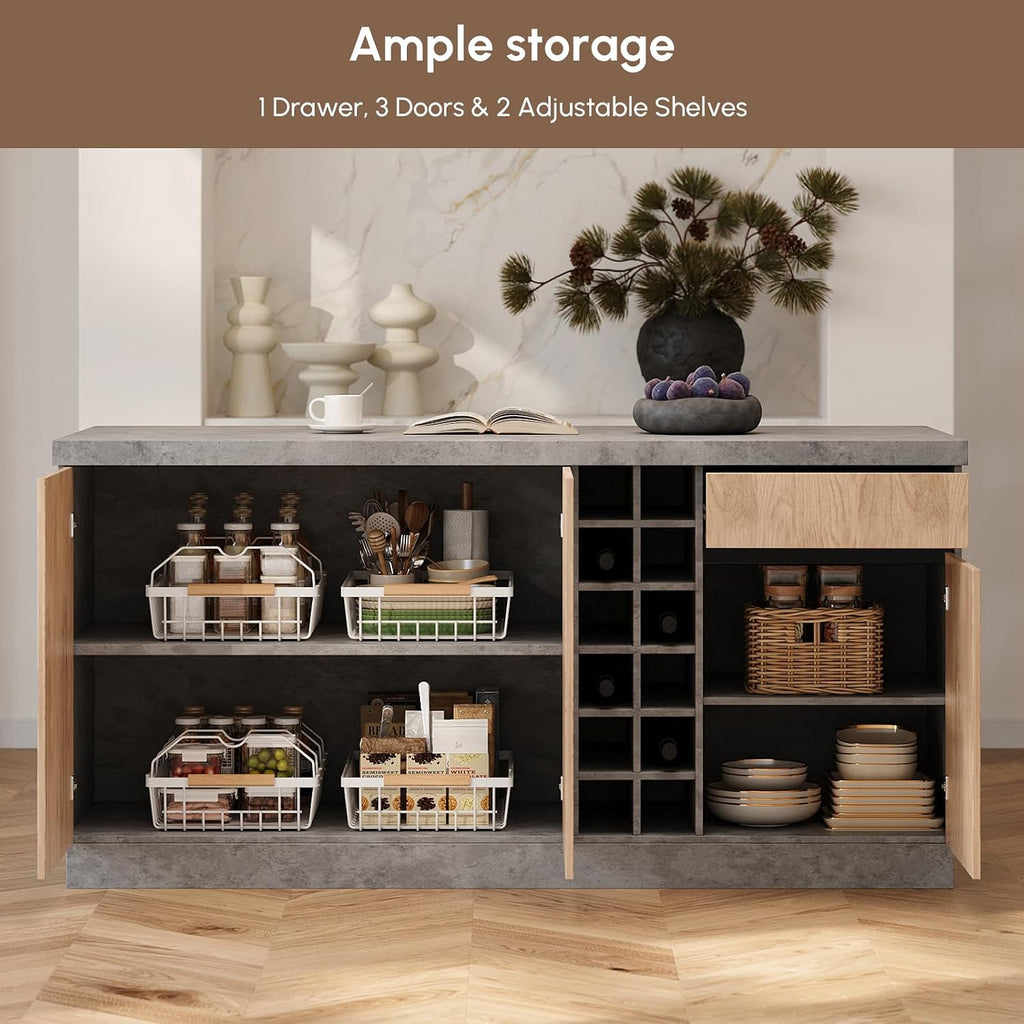 homary 72" Large Gray Kitchen Island with Storage & LED Lights, Wood Freestanding Island with Wine Rack, Drawers, Cabinet & Shelves, Modern for Kitchen & Dining Room