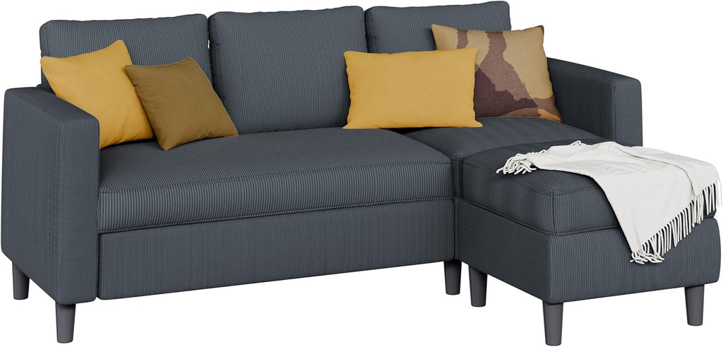 Shintenchi Small Convertible Sectional Couch with Movable Ottoman, 3 Seat L Shaped Sofa with Corduroy, Upholstered Sectional Sofa, Small Couches for Living Room, Apartments, Office (Dark Grey)
