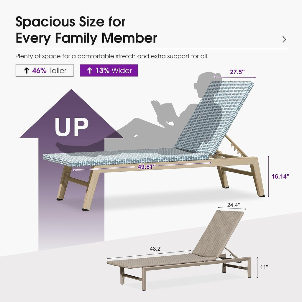 PURPLE LEAF Oversize Chaise Lounge Champagne Frame Set of 2, Pale Blue | 3-Year Color Retention PE Rattan, 2.4" Thickened Aluminum Frame, 16.14" Knee-Friendly Height, French-Inspired Style