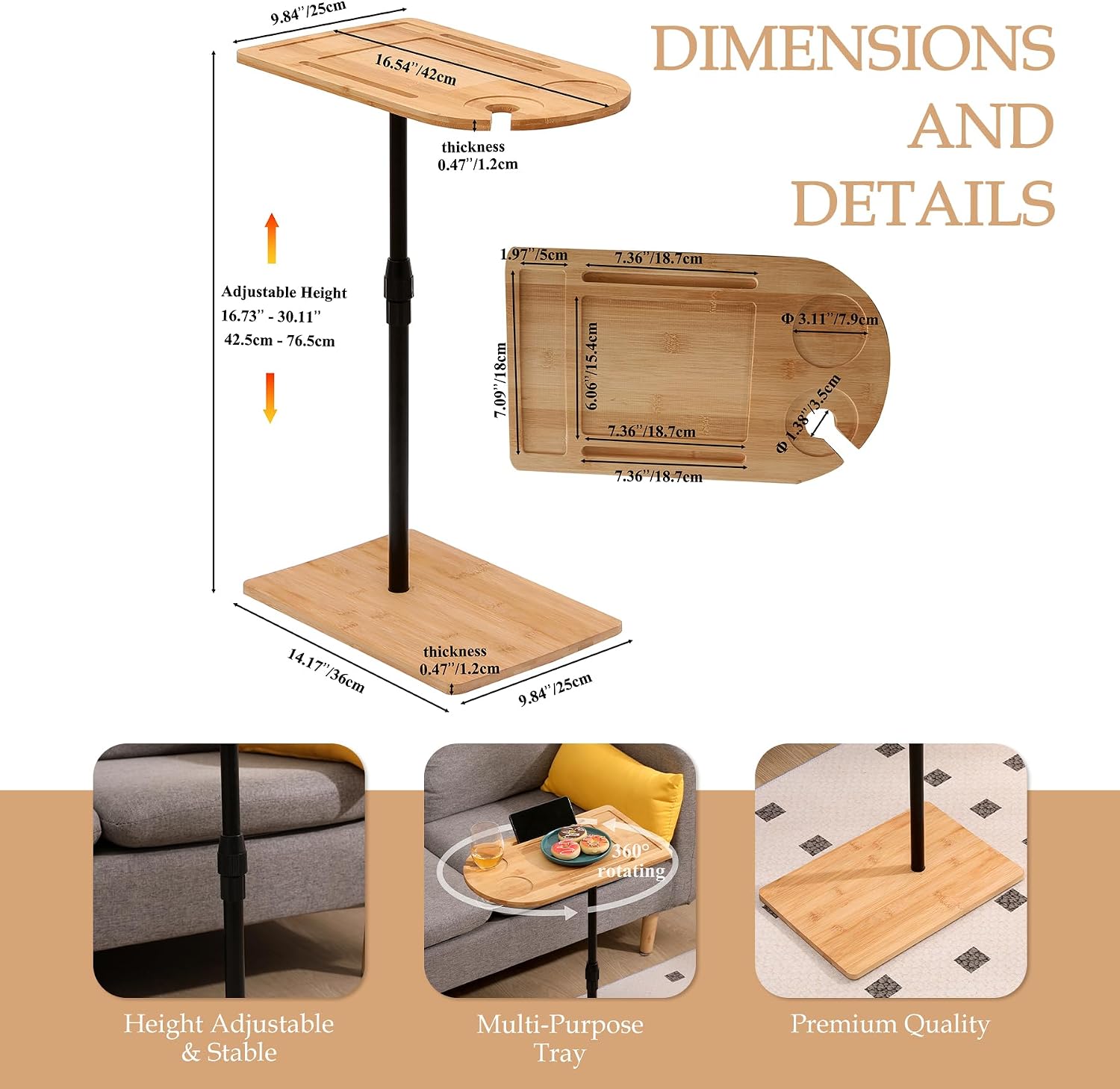 C-Shaped Oval Couch Tray Table， 360°Swivel Wider TV Tray Table Sofa Bamboo Height Adjustable Side Table with Slots for Bed & Chairs in Living Room Bedroom (Oval)
