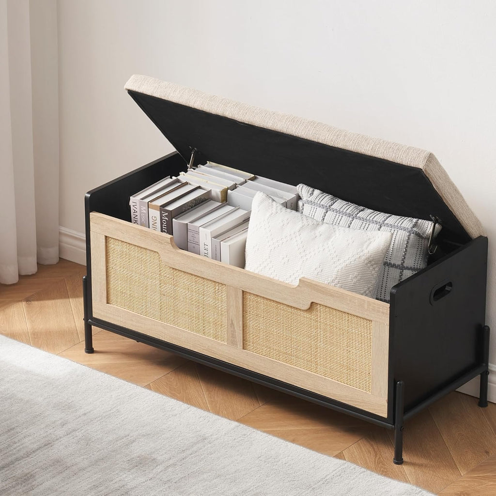 IDEALHOUSE Wooden Storage Chest with Seat Cushion, Storage Chest with 2 Safety Hinges, Entryway Bench for Organizer, Supports 260 Lb, Bedroom, Living Room