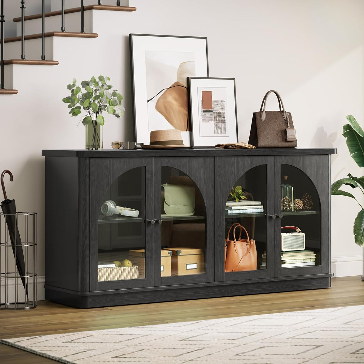 ONBRILL 63 Inch Sideboard Buffet Cabinet with Glass Doors and 4 Doors Black