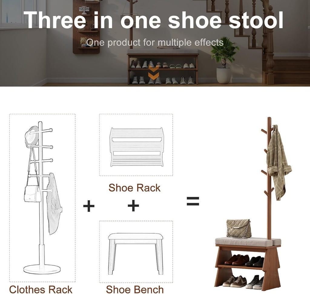 Coat Rack with Shoe Storage,Shoe Rack whit 8 Hook for Offices、Bedroom、Living Room,Small Shoe Bench,Walnut