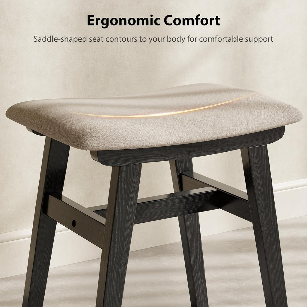 Muwuele Solid Wood Vanity Stool, Compact Makeup Chair with Saddle Cushion, Linen-Covered High Rebound Sponge Seat, Easy Assembly Footstool for Bedroom, Entryway, Home, Black