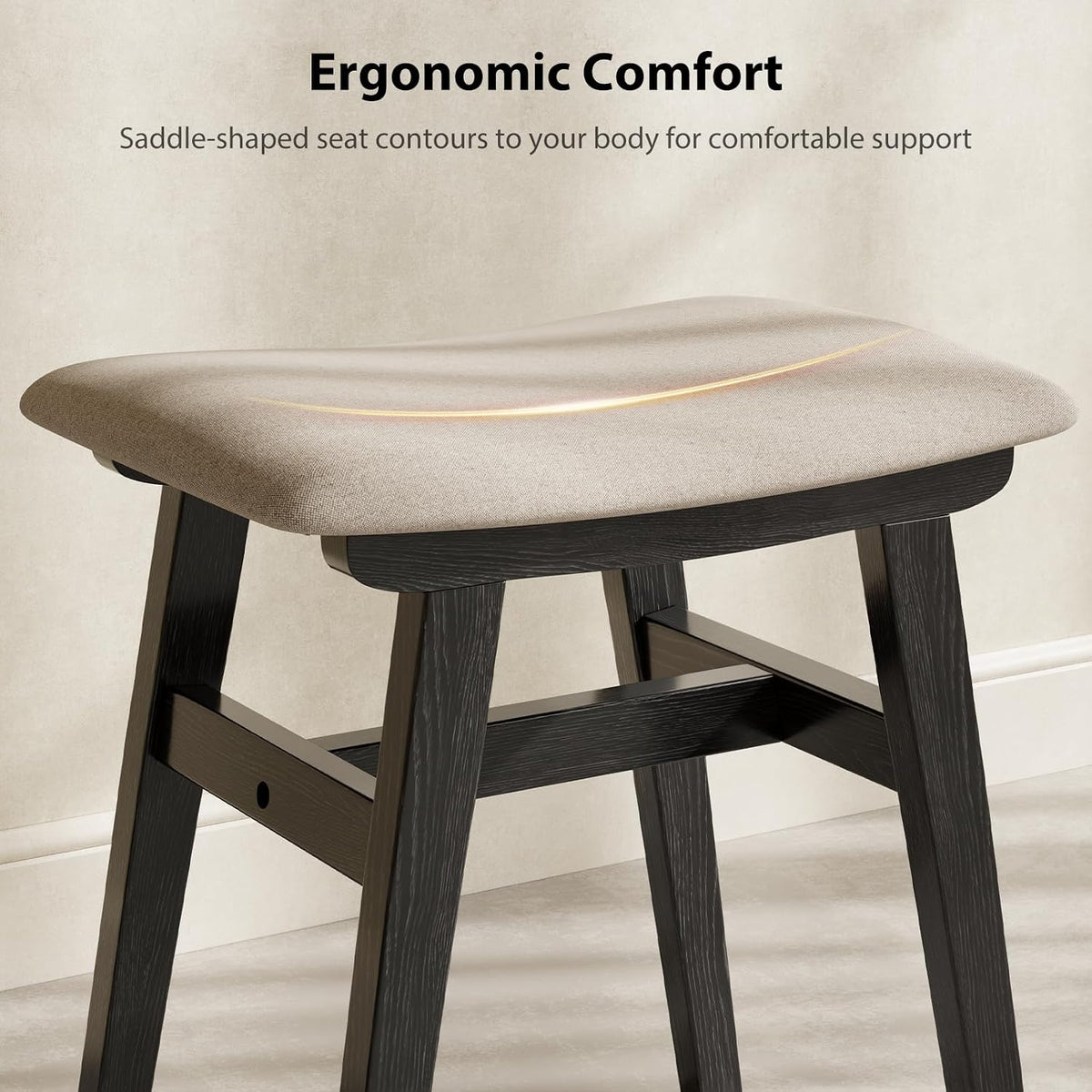 Muwuele Solid Wood Vanity Stool, Compact Makeup Chair with Saddle Cushion, Linen-Covered High Rebound Sponge Seat, Easy Assembly Footstool for Bedroom, Entryway, Home, Black
