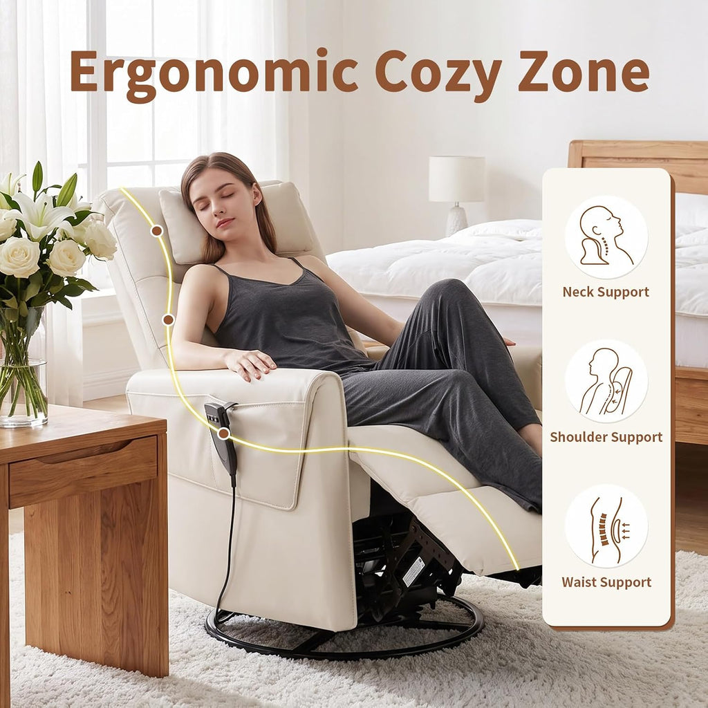 AIRSKY Genuine Leather Power Swivel Rocking Recliner Chair for Adults | Recliners for Small Spaces, Top Grain Leather, Power Glider Rocking Chair with Movable Headrest for Living Room, Beige