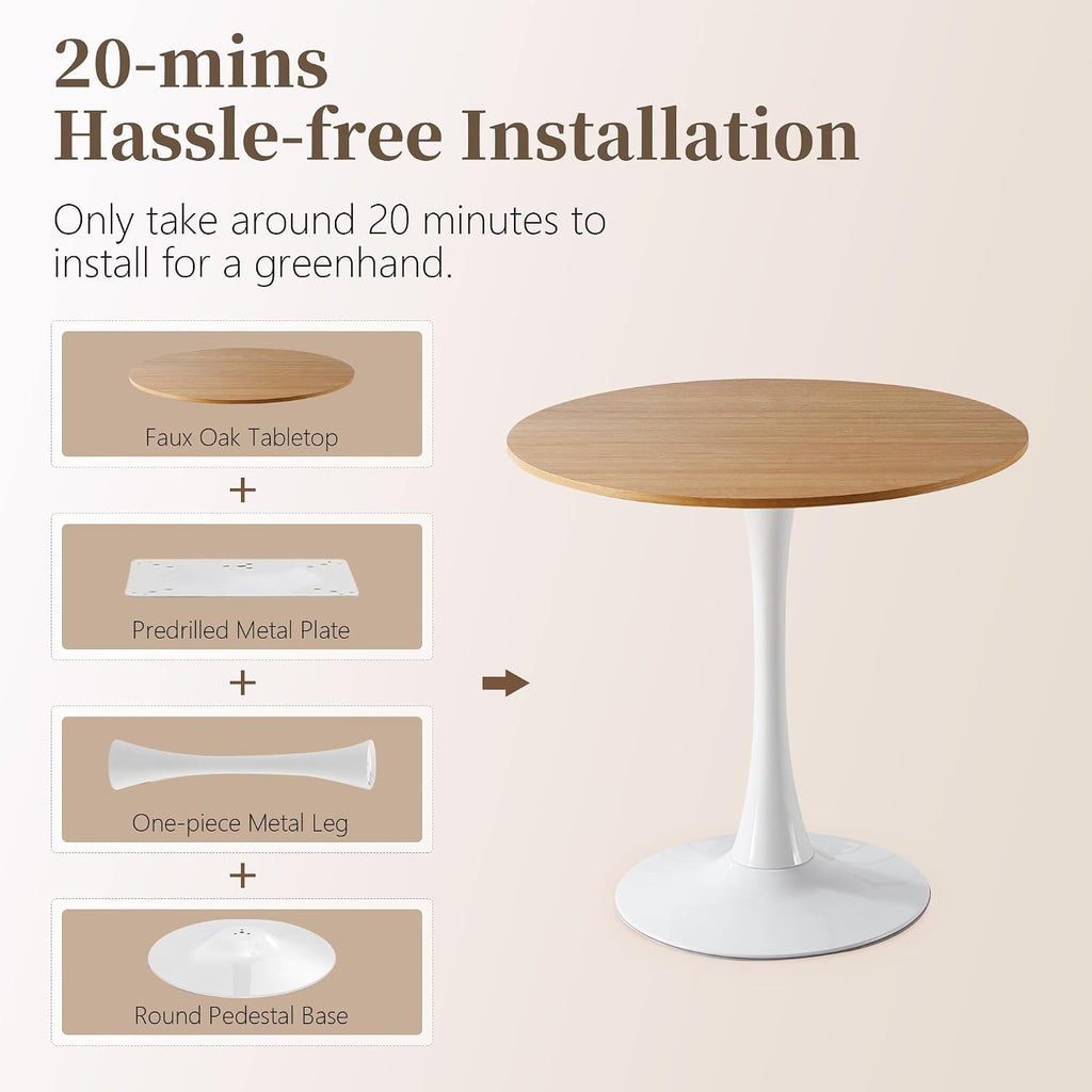 31.5 Inch Round Dining Table,Mid-Century Tulip Table with Metal Pedestal Base,Modern Leisure Table for Small Space Kitchen Dining Room,Easy Assembly,White and Oak
