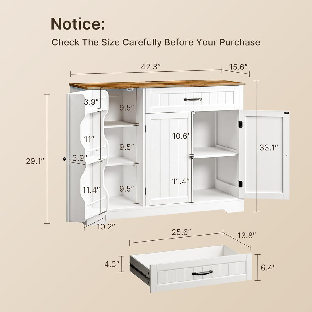 Kitchen Coffee Bar Cabinet with Storage, Sideboard Buffet with Drawers, Shelves and Door, Short Pantry Cabinet for Bathroom or Living Room, White Rustic