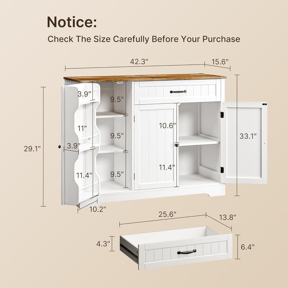 Kitchen Coffee Bar Cabinet with Storage, Sideboard Buffet with Drawers, Shelves and Door, Short Pantry Cabinet for Bathroom or Living Room, White Rustic