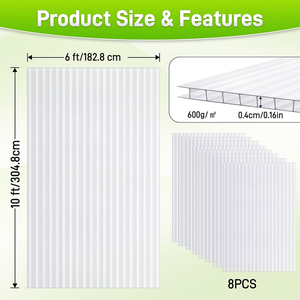 8PCS 10' x 6' x 0.16'' Polycarbonate Greenhouse Panels Sheets, Twin-Wall Roof Panels, Waterproof UV Protected Corrugated Plastic Roof Panels Sheets, Clear Replacement Panels for Greenhouse