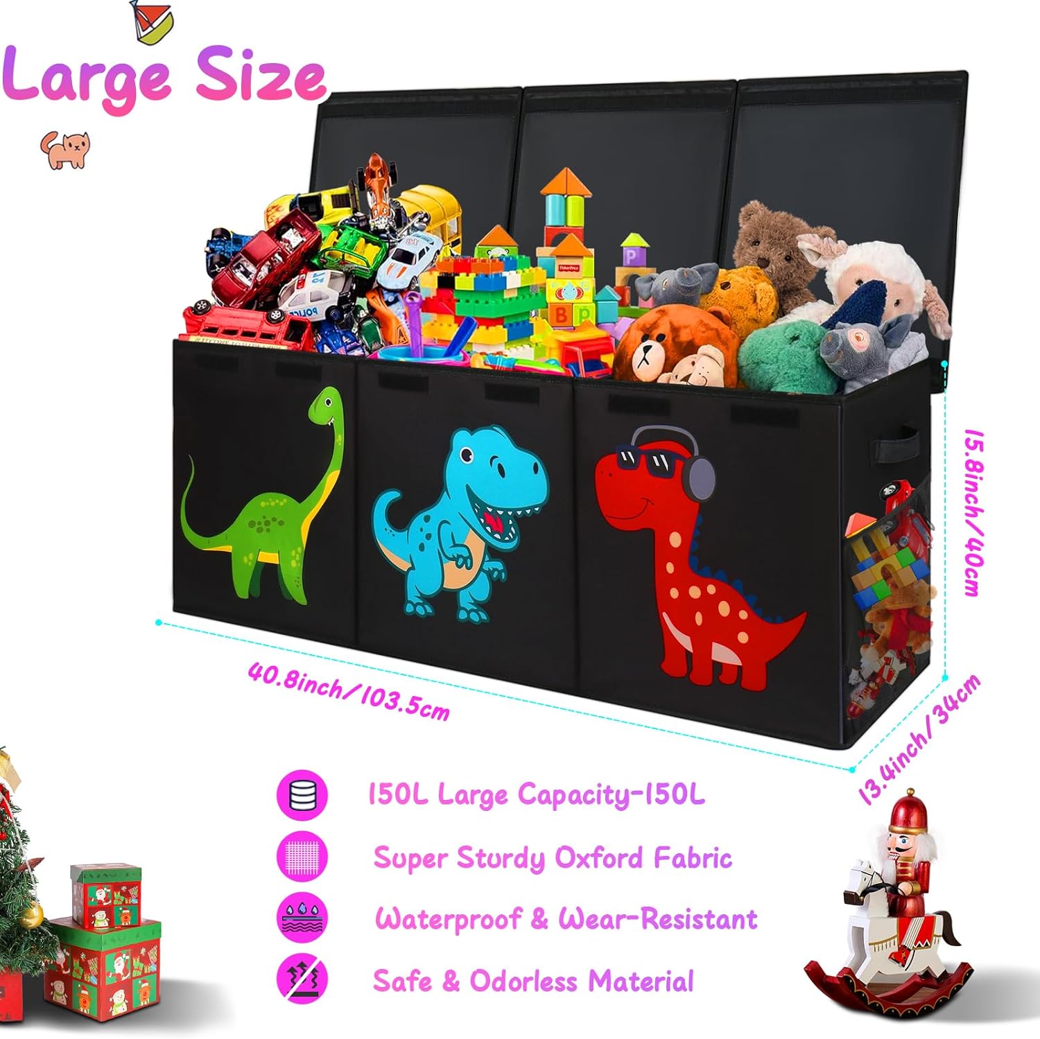 Extra Large Toy Box Chest, Collapsible Storage Bins with Lids, 40"x16"x16" | Sturdy Kids Storage Organizer Toy Bins Basket with Dividers, Bedroom Nursery Playroom Organization, Black