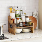 KLM 4-Tier Wood Display Shelf, Black Modern Bottle Organizer, Countertop Bar Stand for Liquor, Coffee Syrup, (Brown)